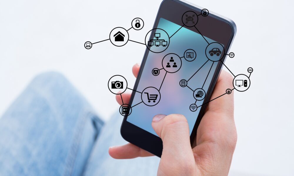 Smartphone with interconnected app icons overlay