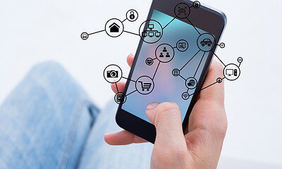 Smartphone with interconnected app icons overlay