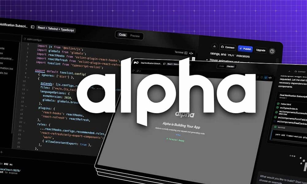 Alpha app interface showcasing coding features.