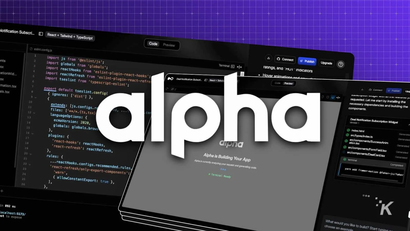 Alpha app interface showcasing coding features.