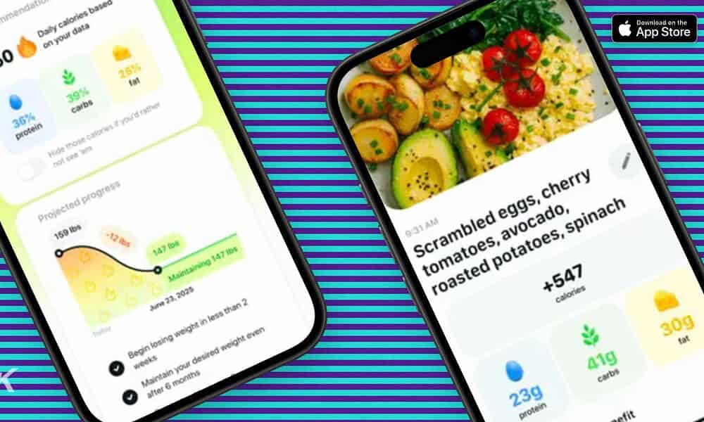 Mobile app showing calorie tracking and meal suggestions.