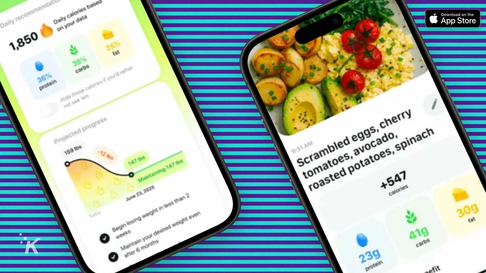 Mobile app showing calorie tracking and meal suggestions.
