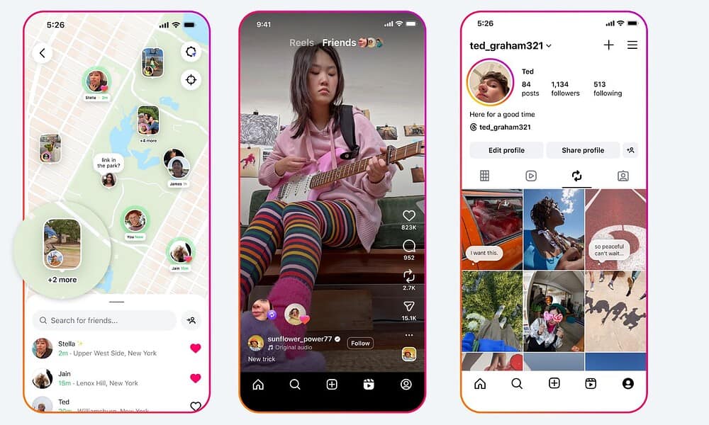 Phone displays map, social media, and profile.