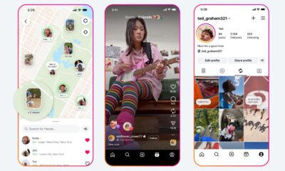 Phone displays map, social media, and profile.