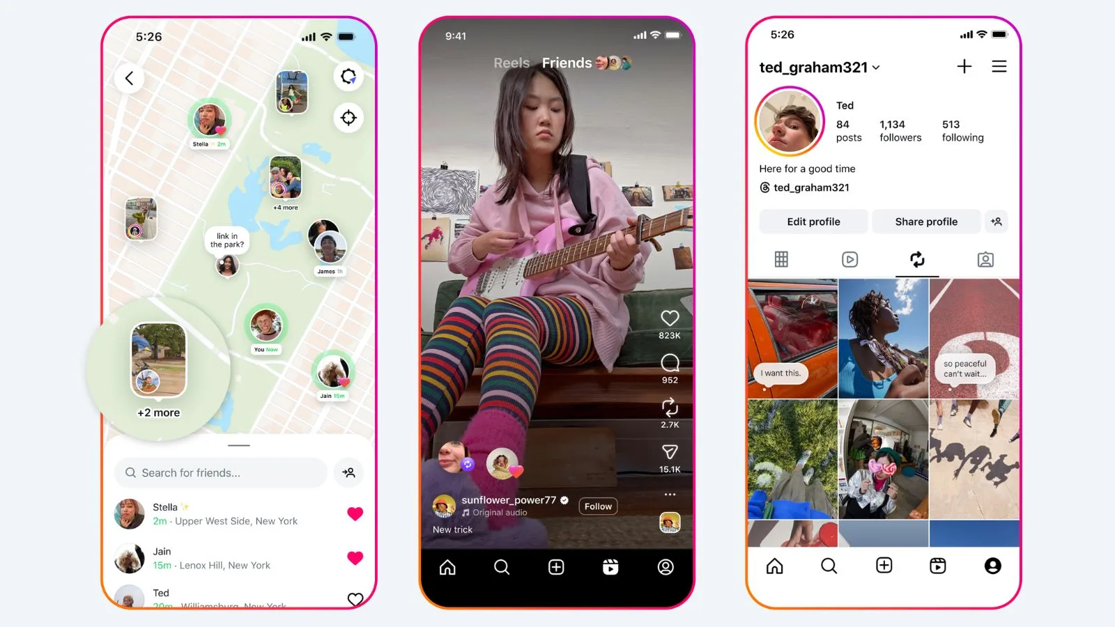 Phone displays map, social media, and profile.