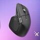 Wireless ergonomic computer mouse with adjustable buttons and thumb rest against purple background.