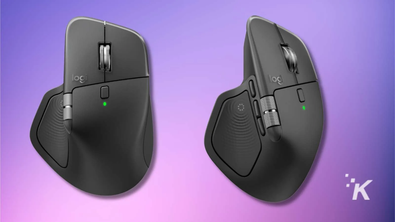 Wireless ergonomic computer mouse with adjustable buttons and thumb rest against purple background.