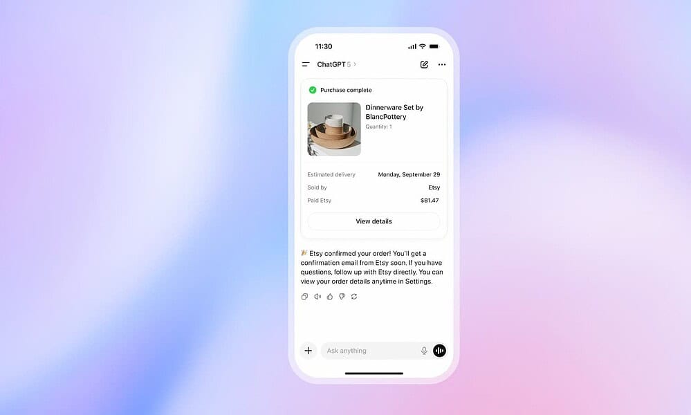 ChatGPT order confirmation on a smartphone screen with product details and delivery date, showcasing AI chatbot technology for online shopping support.