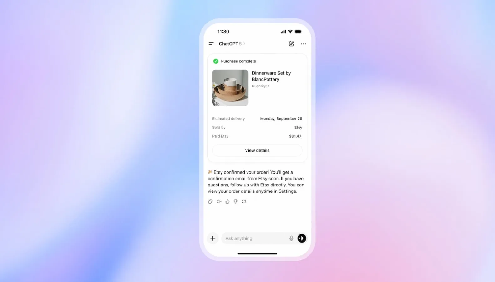 Smartphone displaying an Etsy order confirmation.
