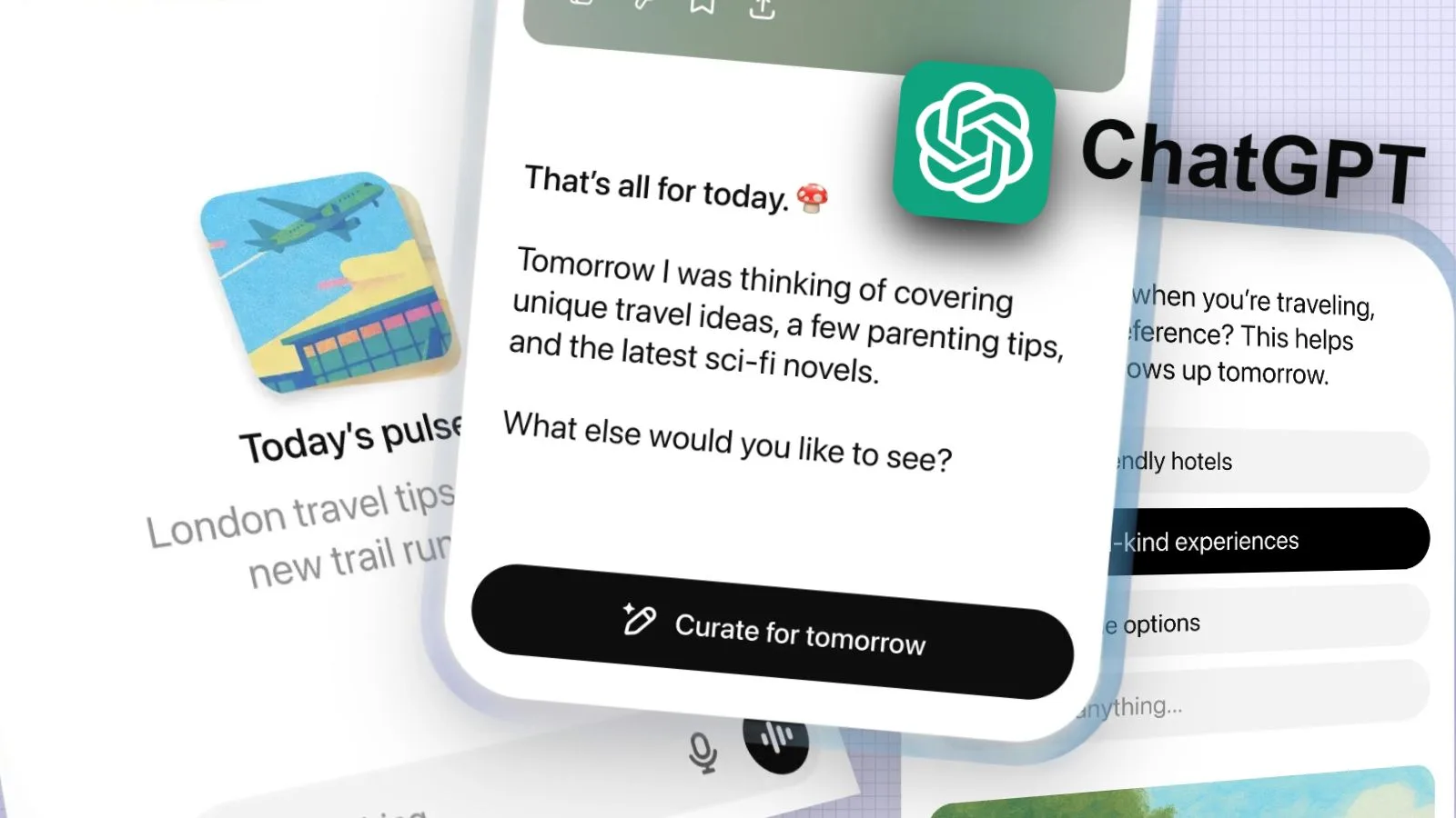 AI-powered ChatGPT interface on a mobile device showcasing virtual travel ideas and AI-generated content for tech enthusiasts.