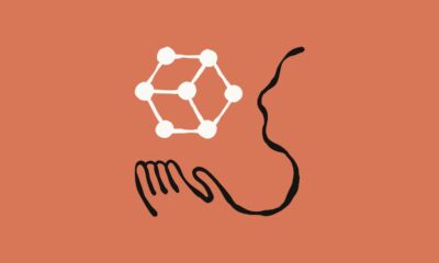 Molecular structure illustration with abstract human profile representing scientific innovation on a warm terracotta background.