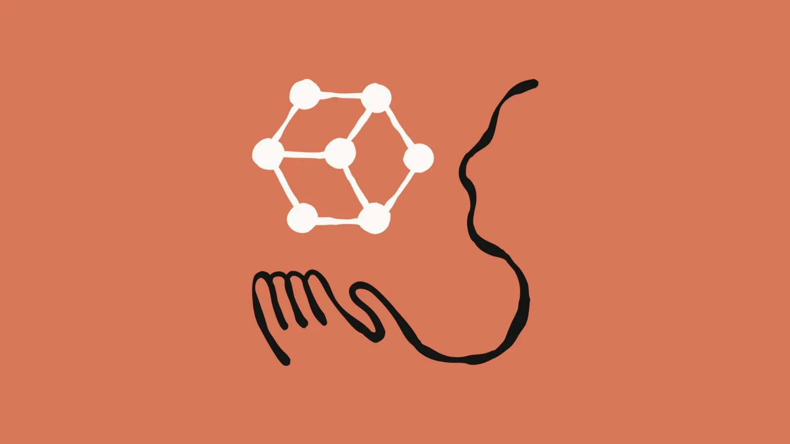 Molecular structure illustration with abstract human profile representing scientific innovation on a warm terracotta background.