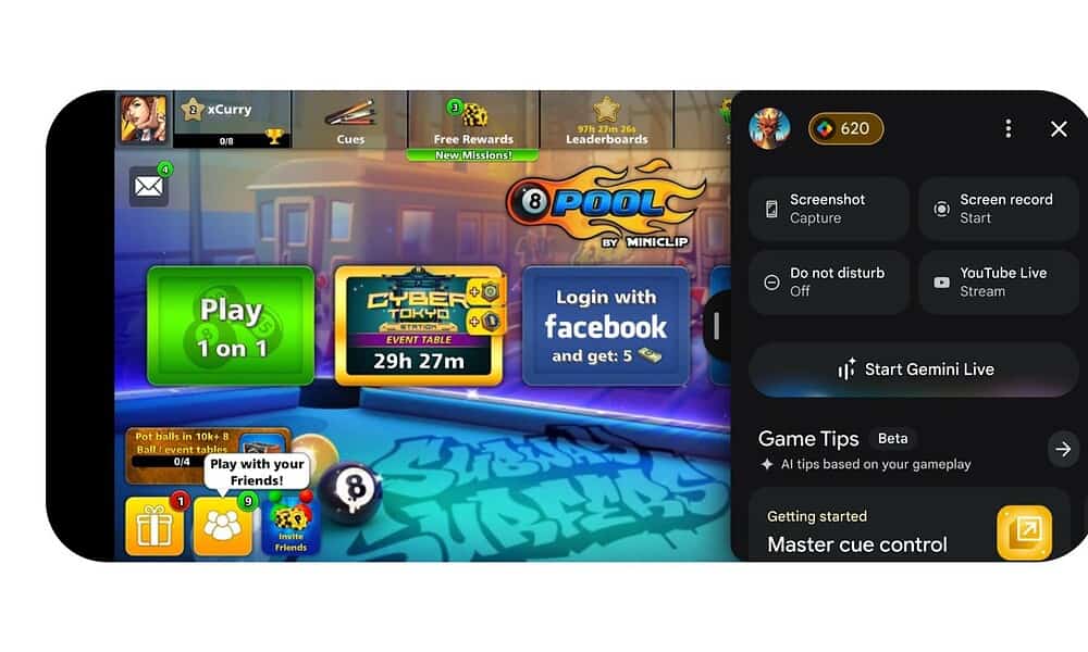 8 Ball Pool game menu and settings interface.