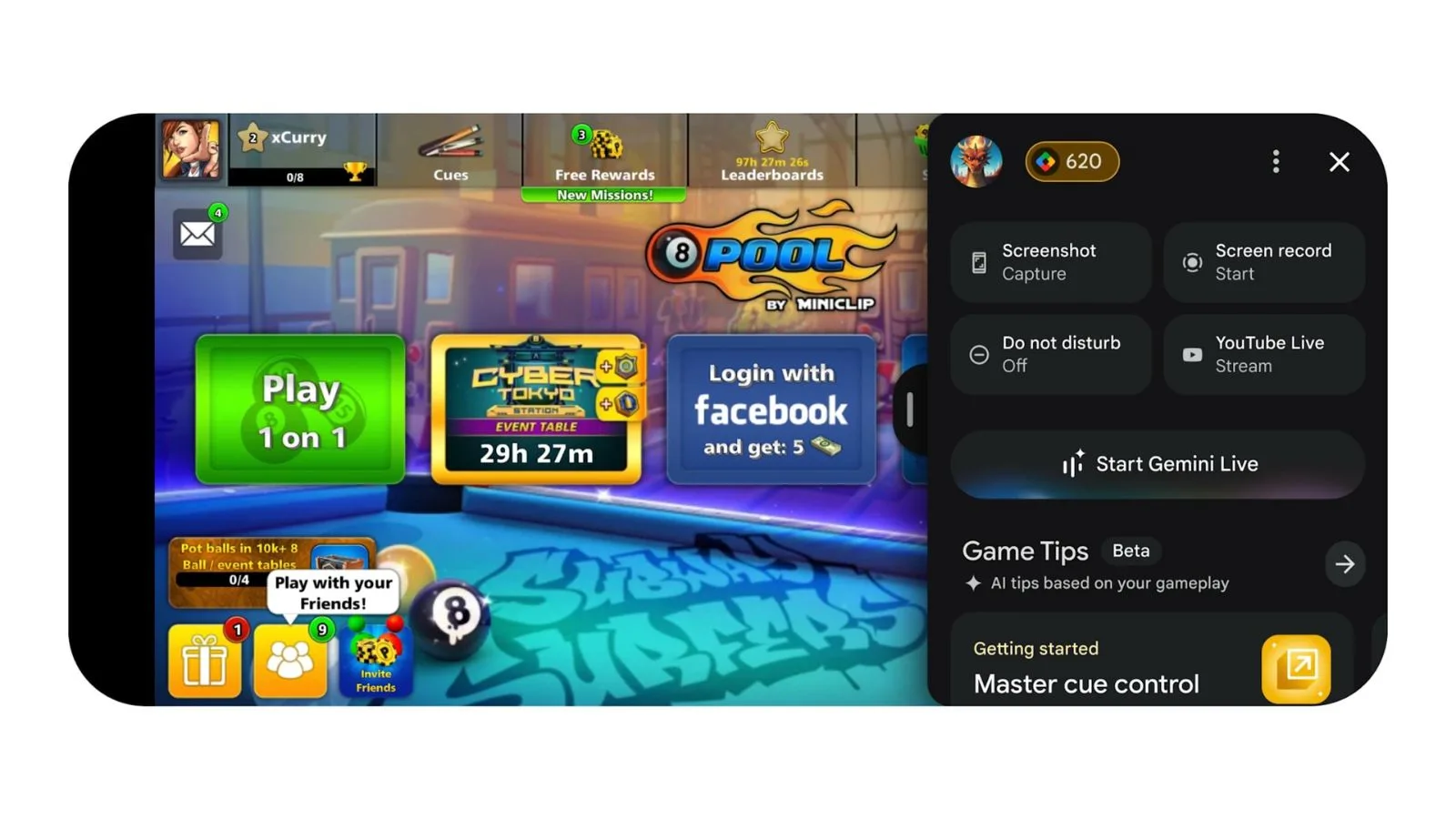 8 Ball Pool game menu and settings interface.