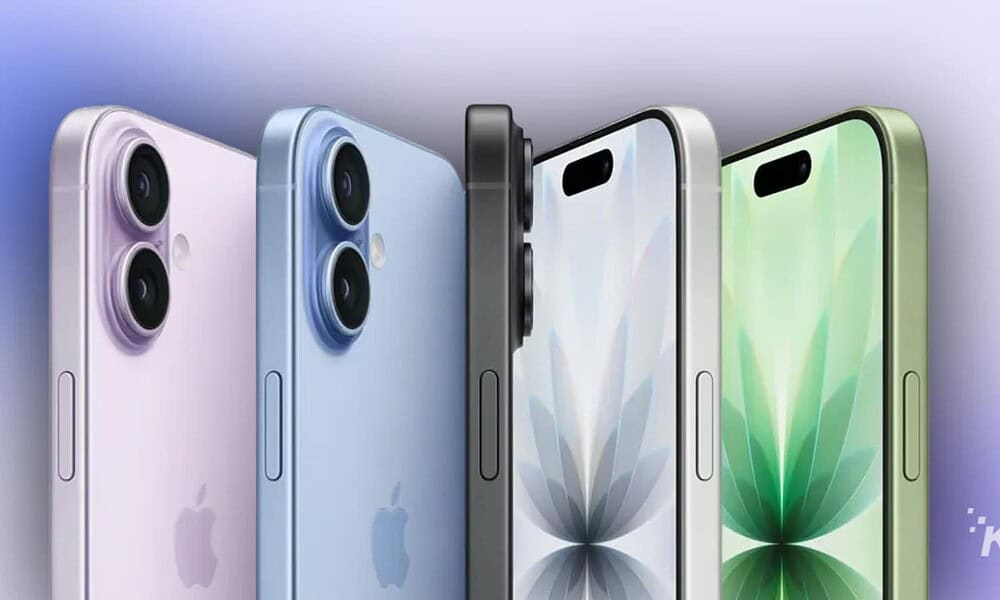 Four colorful smartphones lined up with different designs.