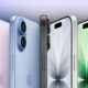 Four colorful smartphones lined up with different designs.