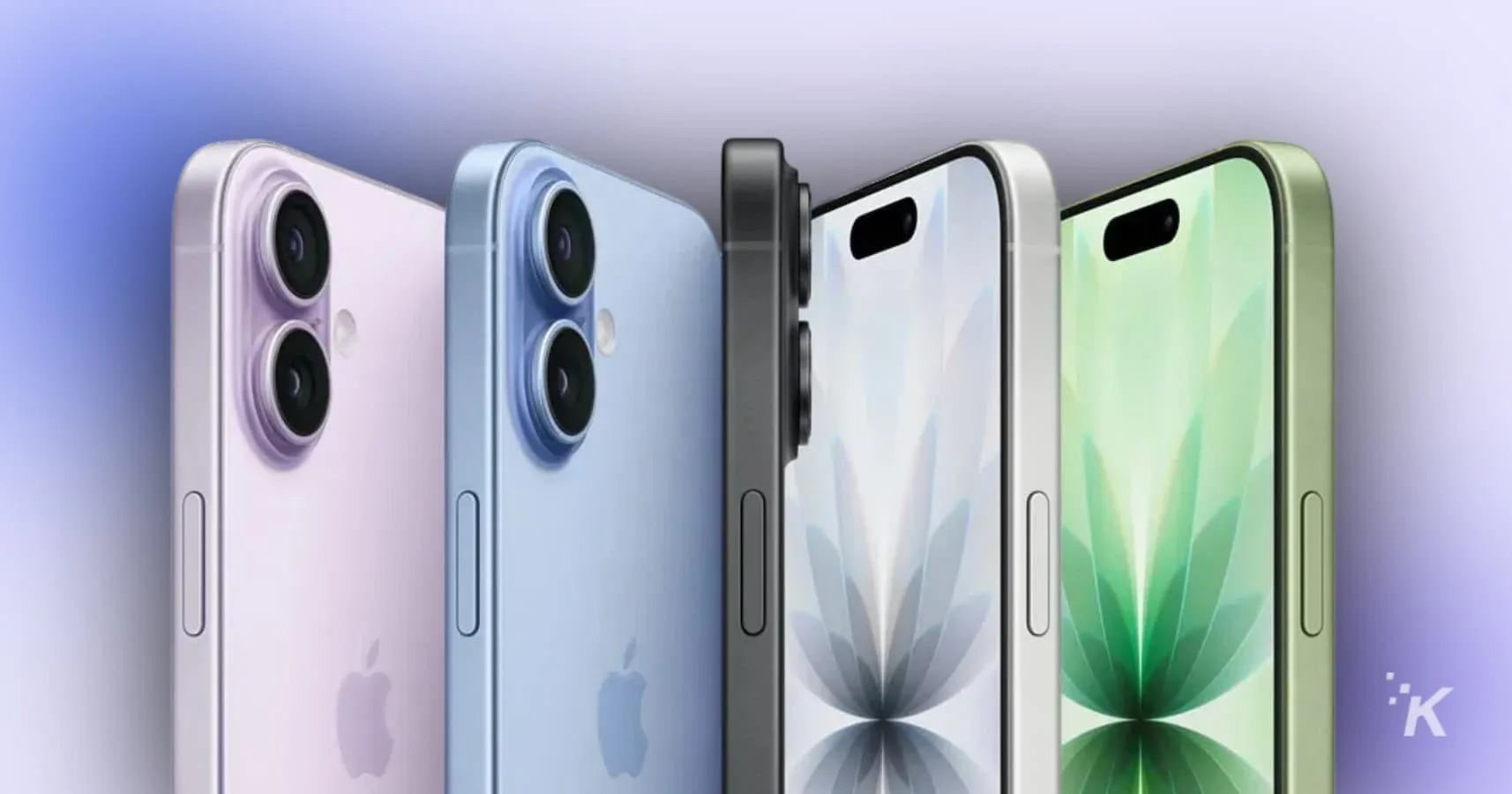 Four colorful smartphones lined up with different designs.
