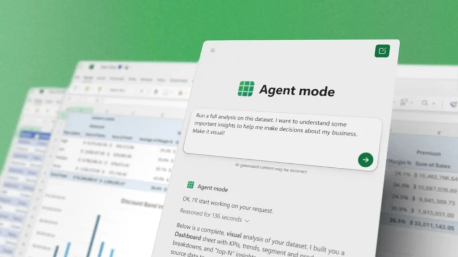 AI-powered data analysis and visualization tools in agent mode interface on computer screens.