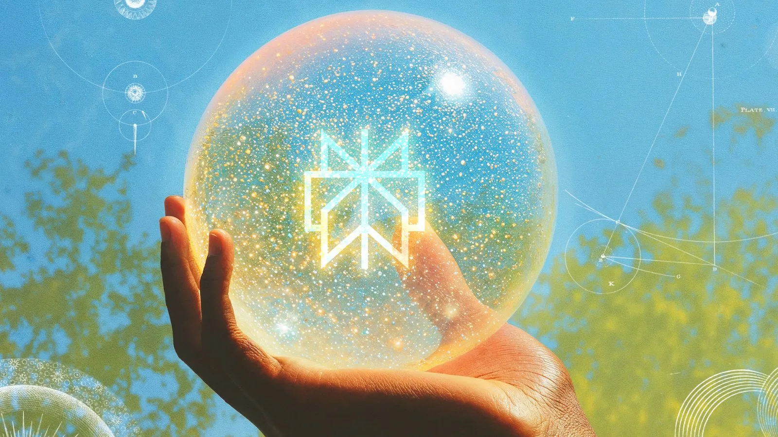 Hand holding glowing sphere against sky background.