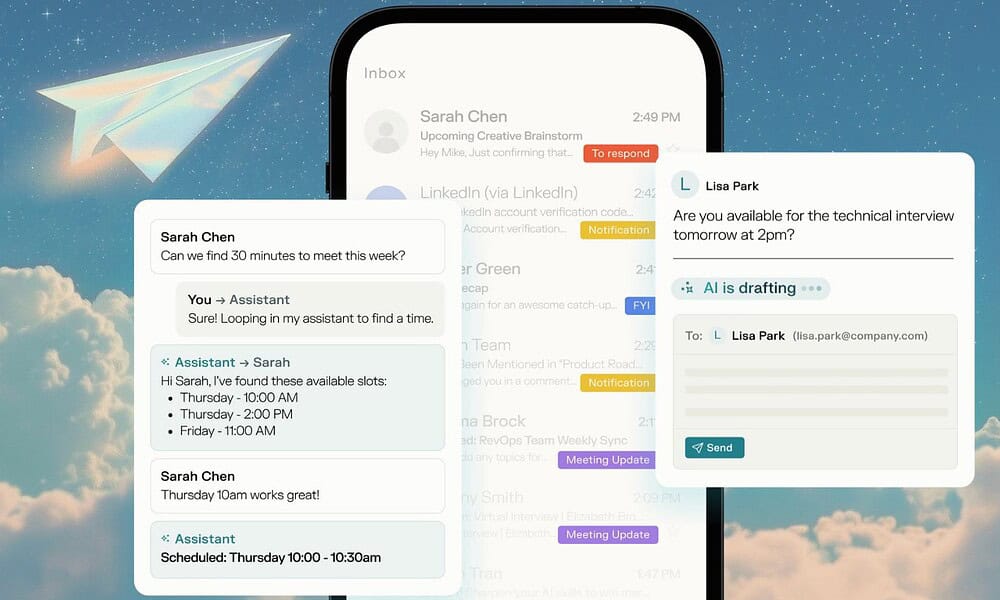 AI schedules meeting; draft email on phone screen.