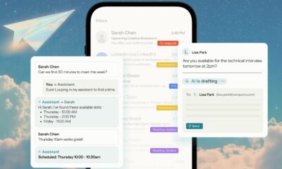 AI schedules meeting; draft email on phone screen.