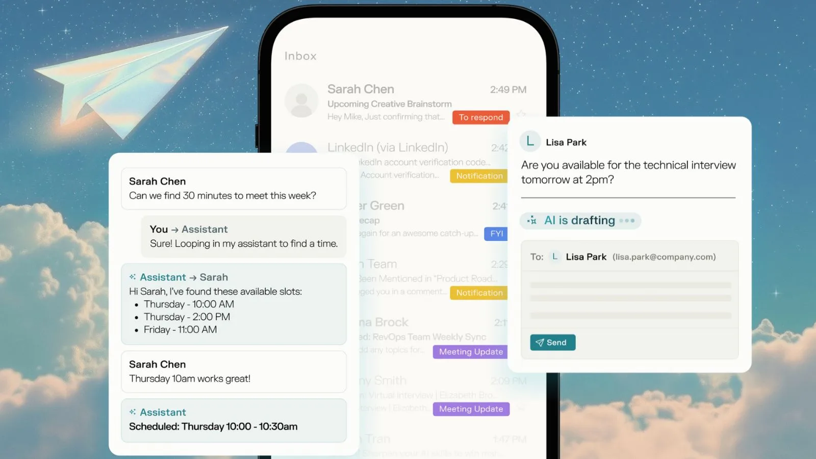 AI schedules meeting; draft email on phone screen.