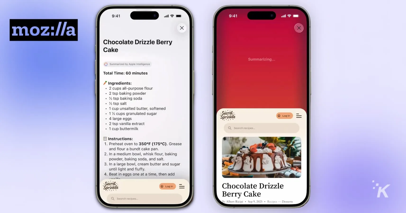 Chocolate Drizzle Berry Cake recipe displayed on phone.