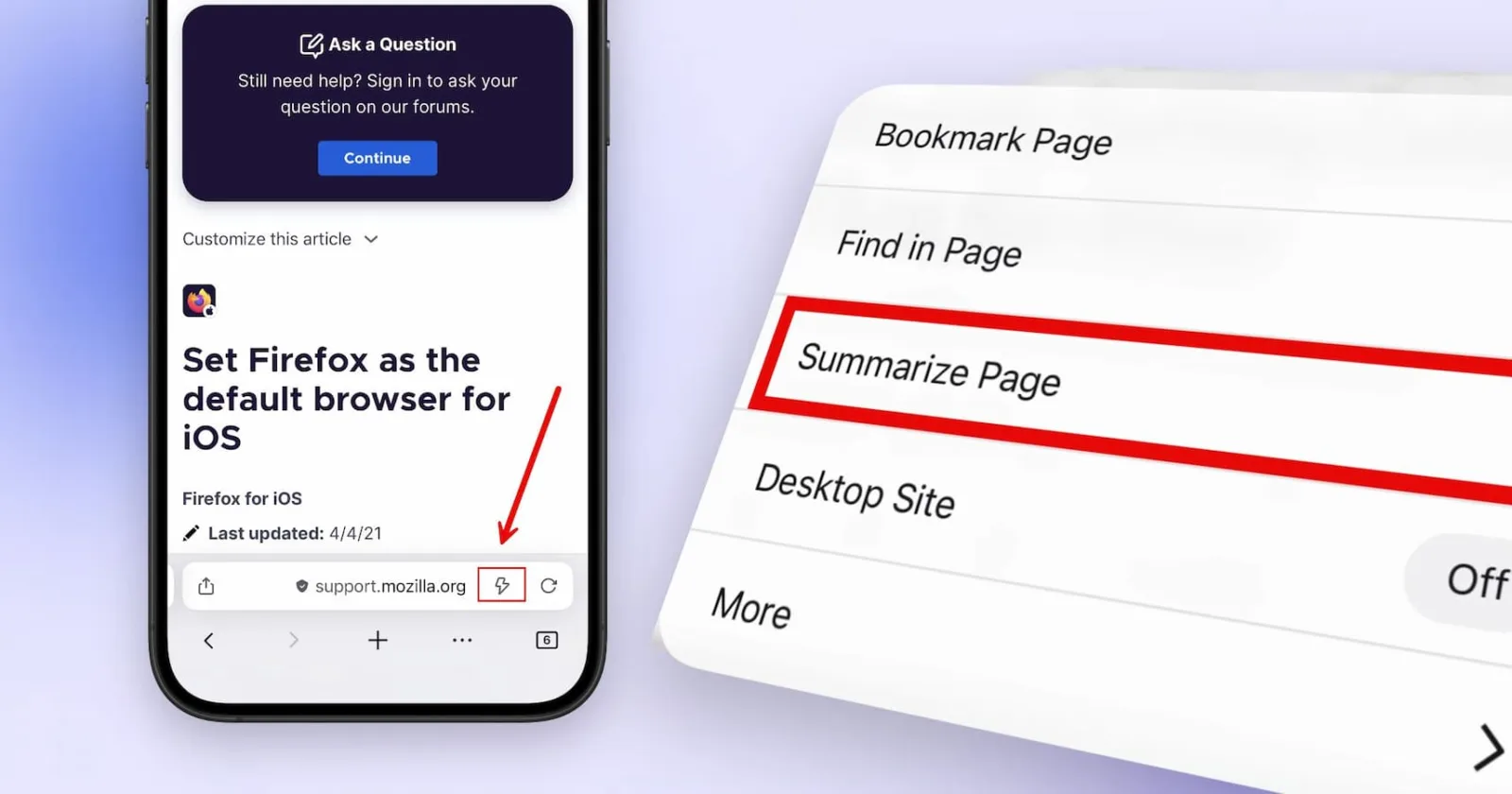 Firefox default browser setup and summarize page option