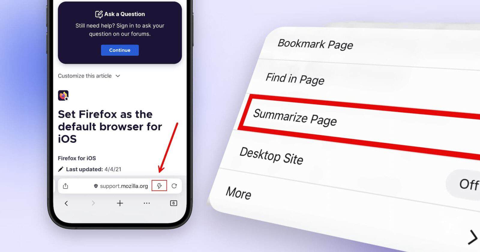 Firefox default browser setup and summarize page option