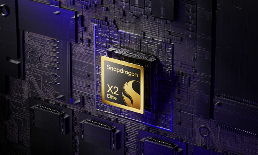 High-tech Snapdragon X2 Elite processor on a circuit board, illustrating advanced mobile chipset technology.