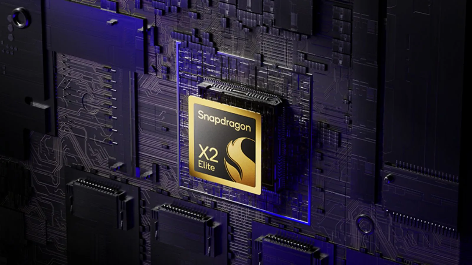 High-tech Snapdragon X2 Elite processor on a circuit board, illustrating advanced mobile chipset technology.