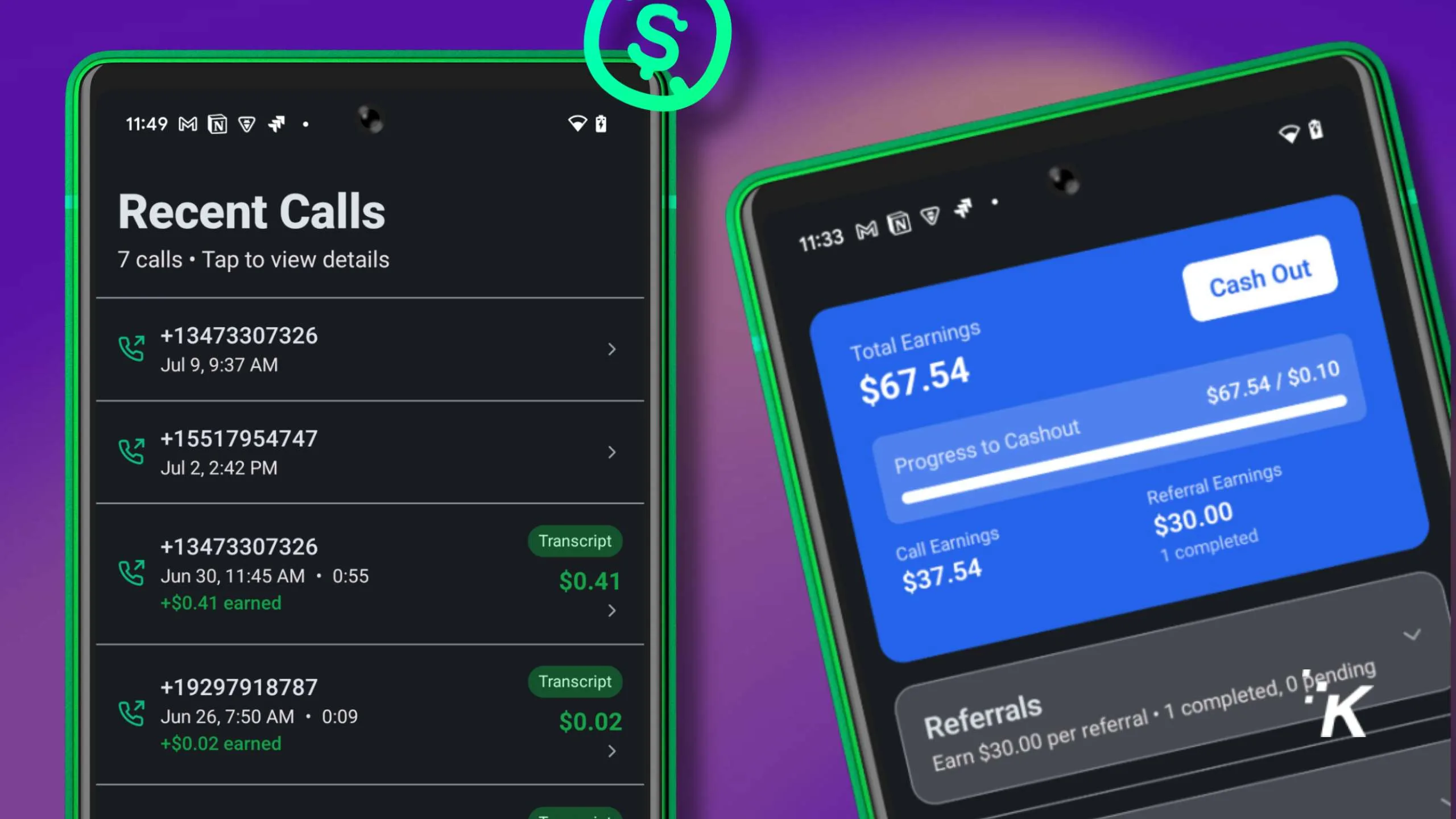 Call history and earnings tracking screens from a mobile app for online income and referral earning payout insights.