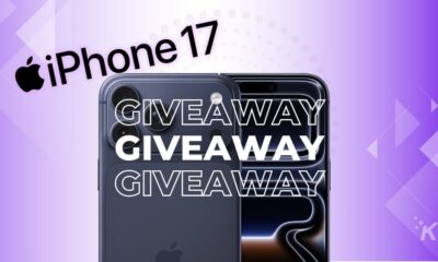 IPhone 17 giveaway contest promotion with a sleek modern design, featuring an image of the latest iPhone 17 model on a pastel purple background for tech news and gadget giveaways.