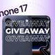 IPhone 17 giveaway contest promotion with a sleek modern design, featuring an image of the latest iPhone 17 model on a pastel purple background for tech news and gadget giveaways.