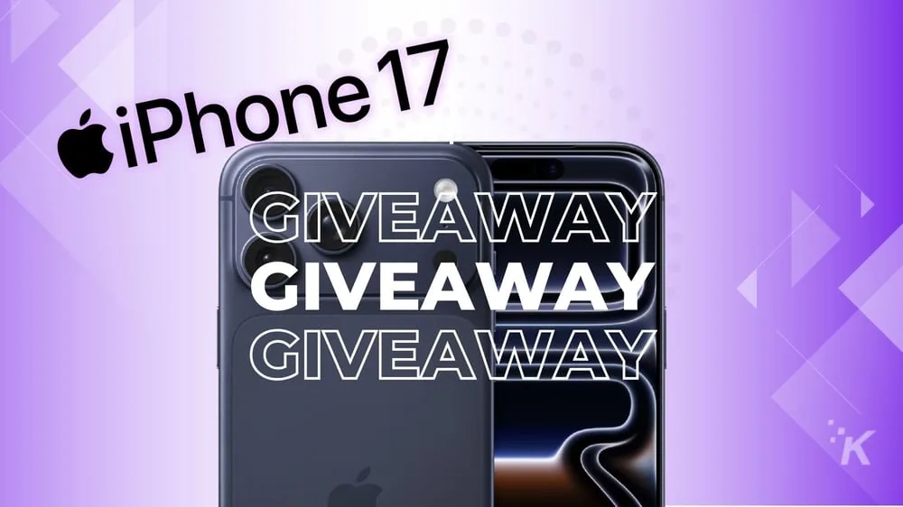 IPhone 17 giveaway contest promotion with a sleek modern design, featuring an image of the latest iPhone 17 model on a pastel purple background for tech news and gadget giveaways.
