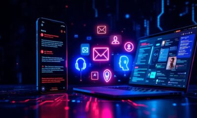Email notification alerts on smartphone and email client interface with digital icons and neon glow, symbolizing cybersecurity, email management, and digital communication in a high-tech environment.