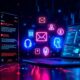 Email notification alerts on smartphone and email client interface with digital icons and neon glow, symbolizing cybersecurity, email management, and digital communication in a high-tech environment.