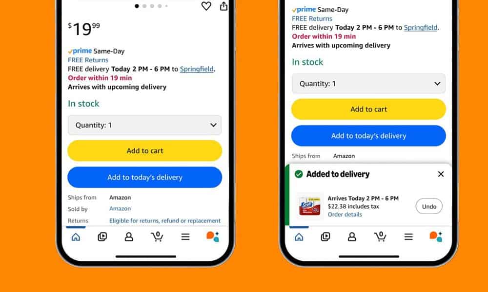 A smartphone displaying Amazon shopping cart with added delivery notification, highlighting online shopping, quick delivery, and e-commerce on mobile devices.