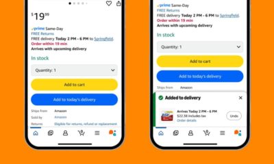 A smartphone displaying Amazon shopping cart with added delivery notification, highlighting online shopping, quick delivery, and e-commerce on mobile devices.