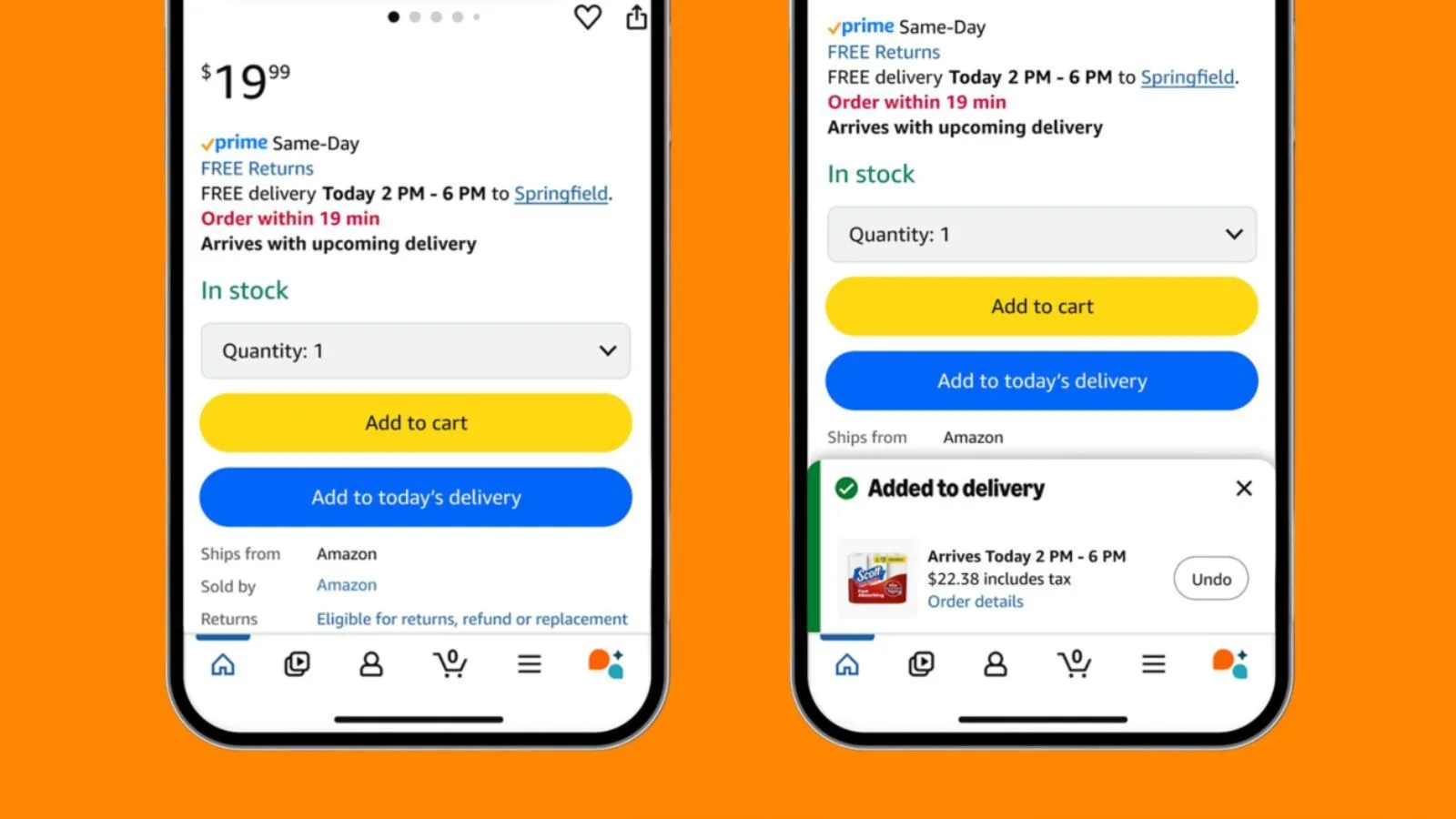 A smartphone displaying Amazon shopping cart with added delivery notification, highlighting online shopping, quick delivery, and e-commerce on mobile devices.