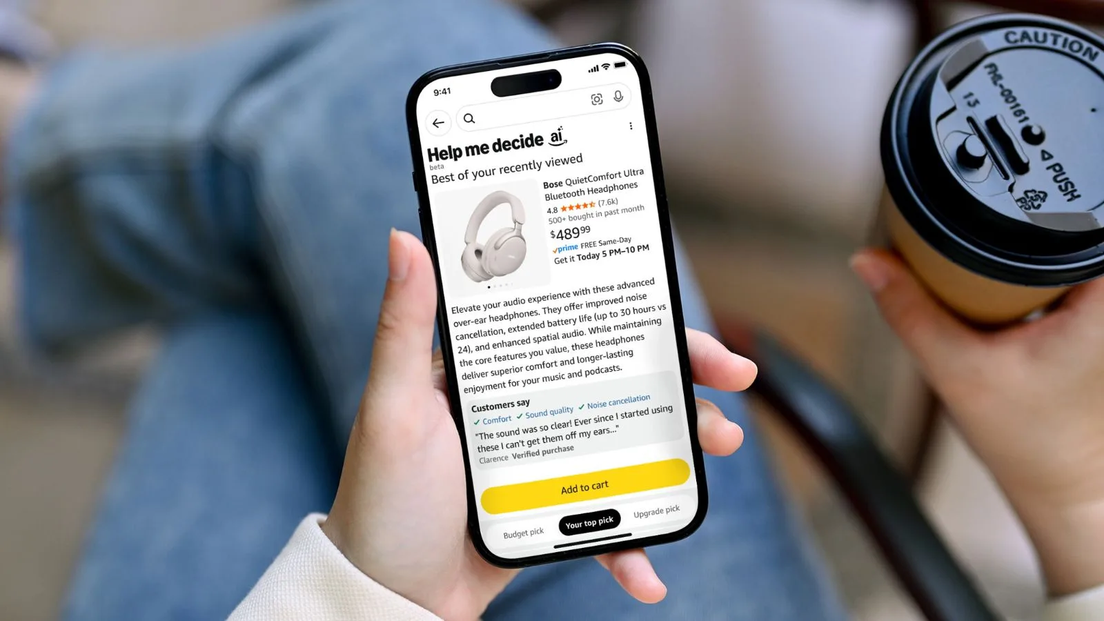 Wireless Bluetooth headphones shopping on mobile device - Best of your recently viewed items for audio, featuring Bose QuietComfort Ultra, with reviews and purchase options for tech enthusiasts.