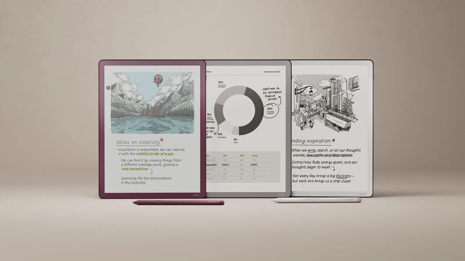 A digital reading device displaying colorful creative sketches, charts, and handwritten notes on a neutral background, representing modern e-reader technology and digital note-taking.