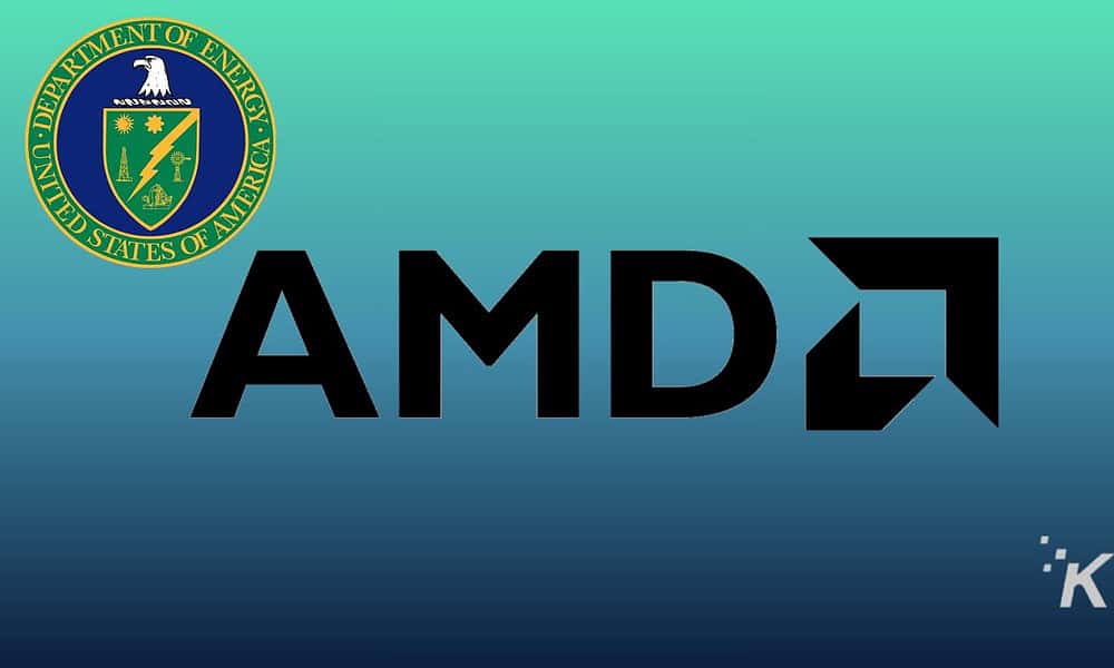 U.S. Department of Energy logo and AMD logo on a gradient blue background, highlighting government and tech industry collaboration in energy and computing innovations.