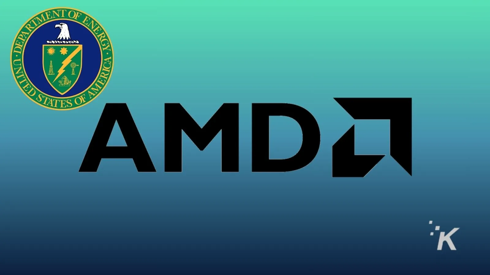 U.S. Department of Energy logo and AMD logo on a gradient blue background, highlighting government and tech industry collaboration in energy and computing innovations.