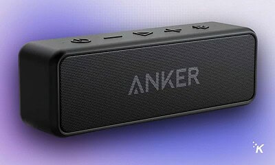 Wireless portable Bluetooth speaker with Anker branding, compact design, and control buttons on top, ideal for outdoor and indoor audio experiences.