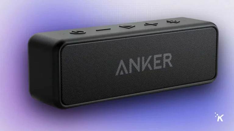 Wireless portable Bluetooth speaker with Anker branding, compact design, and control buttons on top, ideal for outdoor and indoor audio experiences.