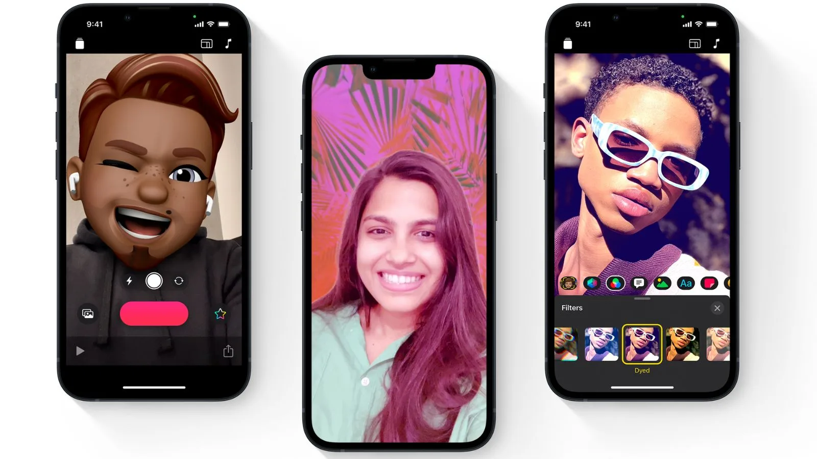 3D animated emoji creation and photo editing on iPhone smartphones showcasing customizable avatars and filters for social media sharing.