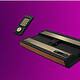 Vintage handheld calculator with remote control styled interface on a purple background.