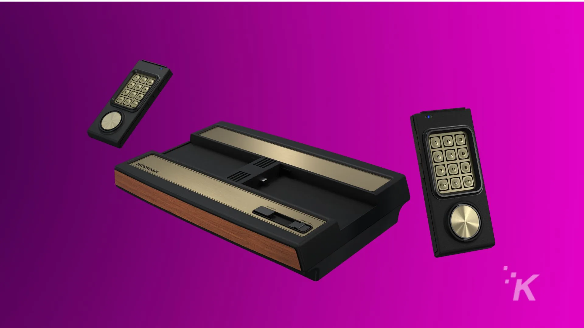 Vintage handheld calculator with remote control styled interface on a purple background.