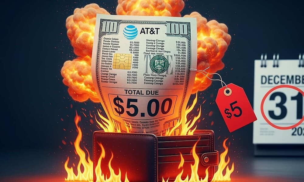 Burning bill with $5 total due on a smartphone wallet, with flyaway flames, a red price tag, and a December 31, 2025 calendar in the background, highlighting financial crisis and urgent payment issues.